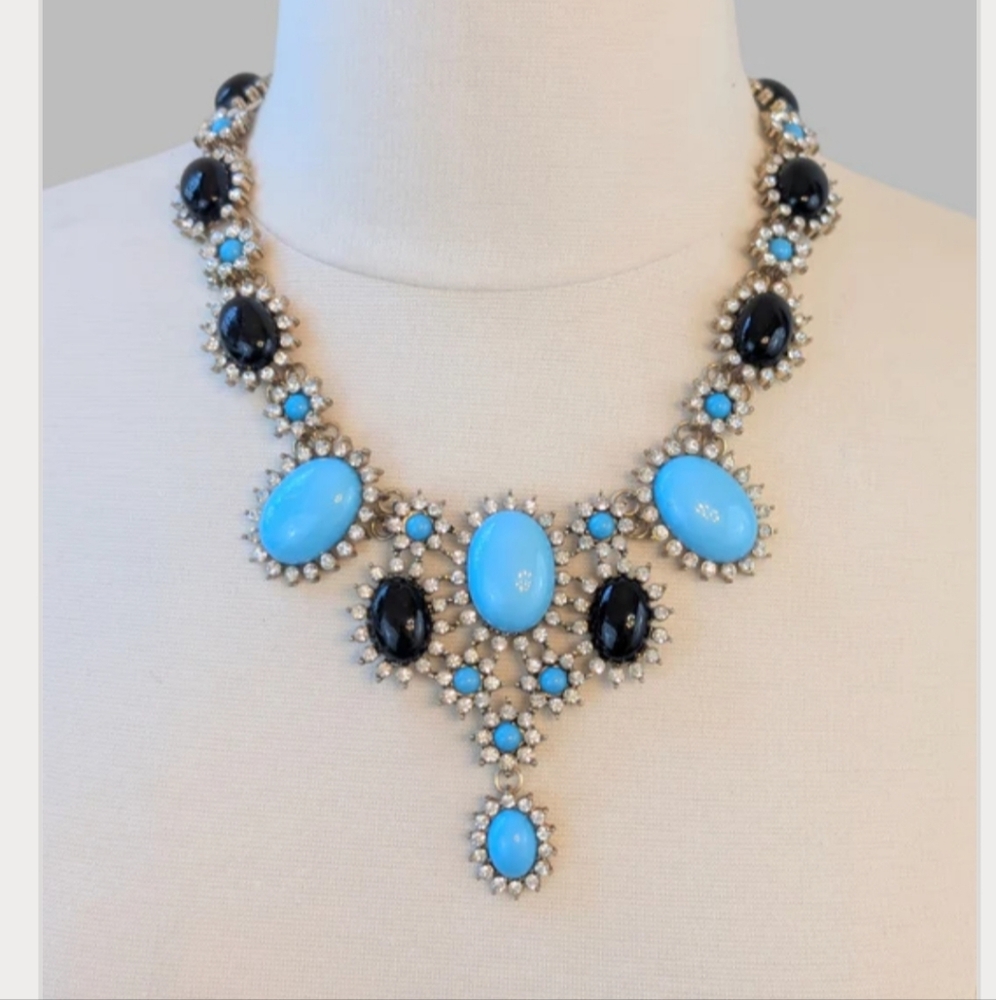Rhinestone Necklace w/ Black & Faux Turquoise Beads